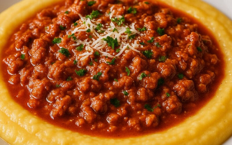 Polenta com molho de carne moída